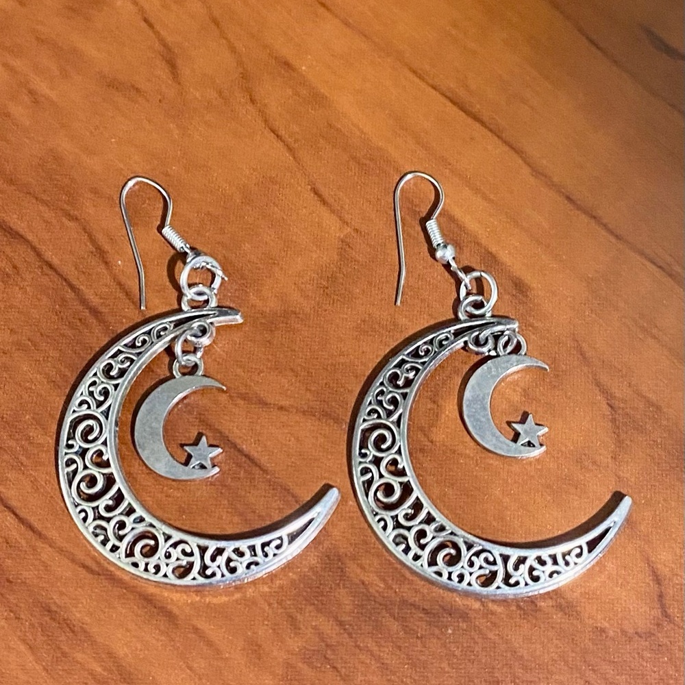 Dangle Silver Crescent Moon Earrings